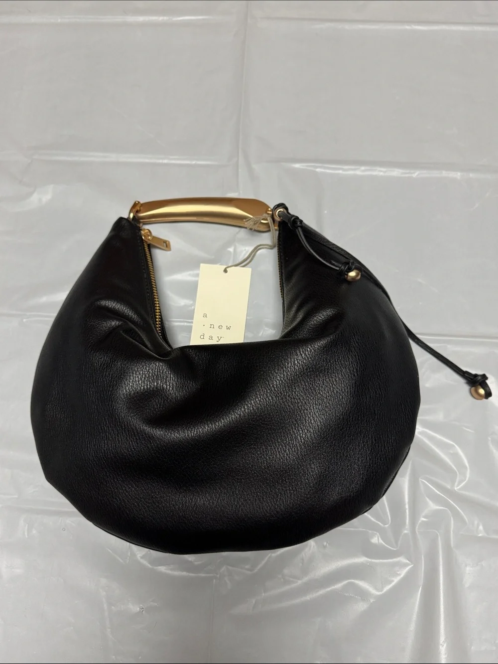 a new day Black Pebbled Hobo Bag with Gold Accent Handle